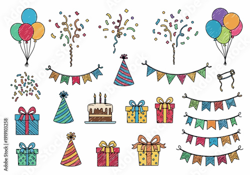Hand-drawn festive birthday celebration elements including balloons, confetti, party hats, cakes, and gift boxes, perfect for party invitations and decorations