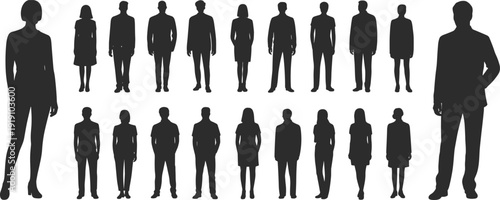 Human silhouettes diversity, body shape variation, standing figures, gender mix, hierarchy concept, inclusion illustration, posture differences, demographic representation, design study