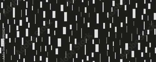 Minimalistic seamless pattern of vertical white rectangles scattered on black background with rhythmic spacing. Modern geometric texture and urban night rain