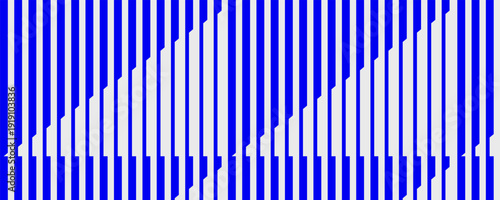 Blue and white vertical stripe pattern with stepped geometric shapes. Dynamic optical lines rhythm