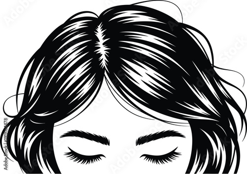 Black and white illustration of a womans face showing only the top part with dark, wavy hair parted in the middle and closed eyes with long eyelashes