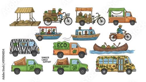 Eco-Friendly Transport Options: A vibrant illustration showcasing a diverse array of environmentally conscious transport methods.