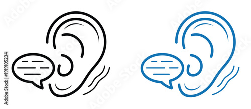 Active listening icon  bright ear and dialogue signal pictogram in clean outline and filled variations, scalable vector graphic