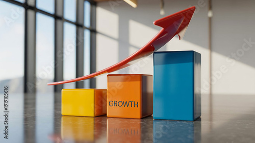 Colorful growth blocks with rising red arrow in modern office showing business progress