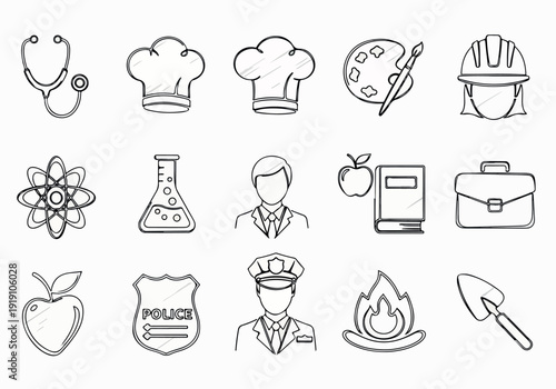 Set of icons representing various professions and jobs, including healthcare, education, cooking, art, construction, and public safety