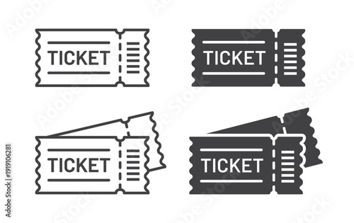 Ticket icons featuring barcode details in both line and solid styles. These icons show admission tickets with detachable edges, representing access, validation, and event entry.