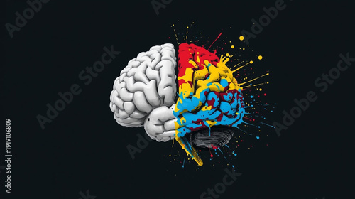 Creative brain illustration showing logic and colorful artistic side on dark background