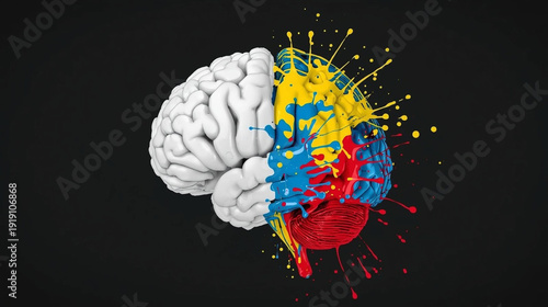 Creative brain illustration showing logic and colorful artistic side on dark background