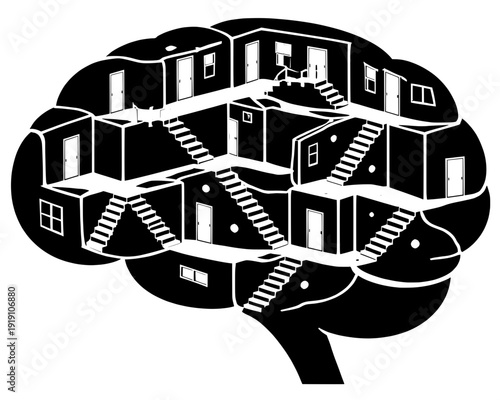 Brain Architecture Rooms Stairs Vector Silhouette Mental Health Complexity Concept Minimalist Black Icon
