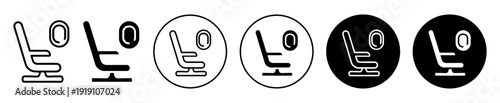 Airplane seats icon set with travel seat and window symbol in outline and filled styles.