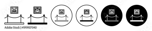 Art gallery museum icon set with exhibition frame and barrier symbol in outline and filled styles.