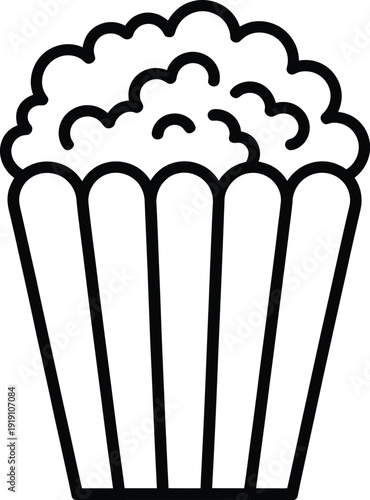Black and white outline drawing of a cup of popcorn, simple line art icon for food and snack design