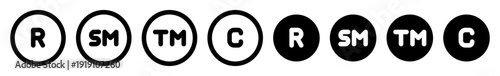 Copyright and trademark icon set. Registered, service mark, and copyright vector symbols in black filled and outlined style.