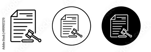 Court folder with judge gavel icon set. Court folder vector symbol in black filled and outlined style.