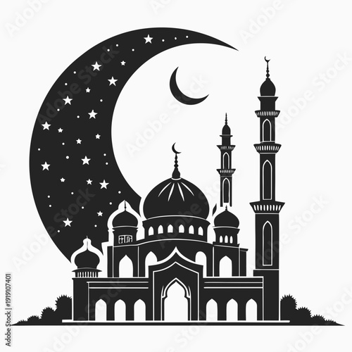 A mosque with a crescent moon and stars Vector