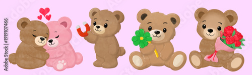 set of Kawaii Teddy Bear Love Set Nostalgia Cartoon Doodle Hand Drawn. Cute teddy bear illustration. Ribbon and teddy bear vector Valentine