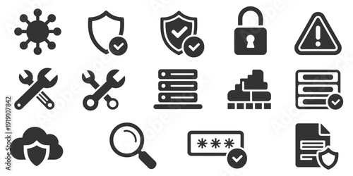 Assorted internet security and data protection icons with cloud shield and password field, modern cybersecurity symbol collection in flat and outline styles