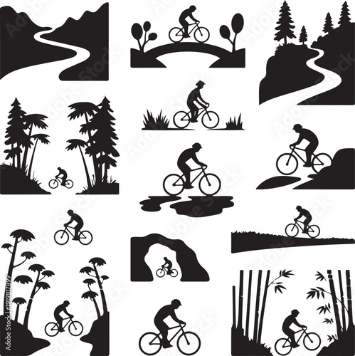black silhouettes of people riding bicycles on paths through landscapes with trees