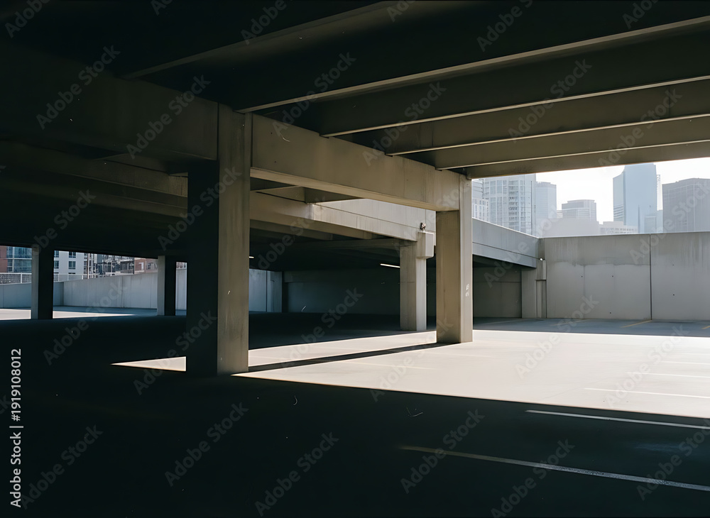Obraz premium Expansive view of an empty multistory parking garage with concrete pillars and a distant cityscape under bright daylight conditions