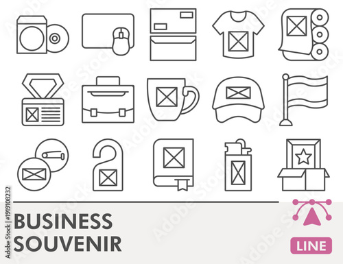 Business souvenir symbols collection or sketches, stationery theme in outline style signs for web and app. Vector graphics, editable stroke icons isolated on white background.