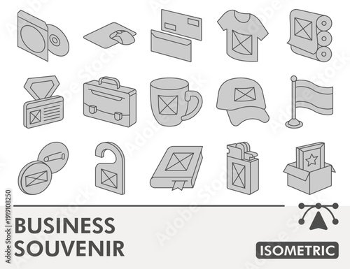 Business souvenir symbols collection or sketches, stationery theme in isometric style signs for web and app. Vector graphics, editable stroke icons isolated on white background.