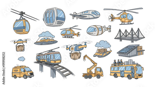 Transportation Collection: A diverse collection of futuristic and conventional transportation options, presented in a playful illustration, showcasing the innovation and variety in modern mobility.