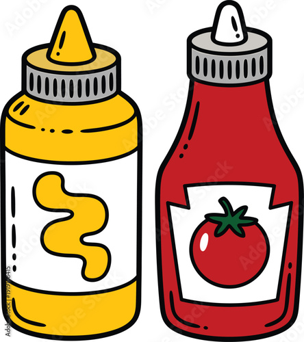 Cartoon illustration of two condiment bottles, one yellow mustard and one red ketchup, side by side