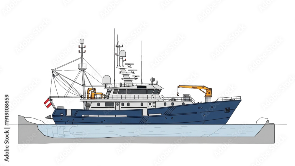 Fototapeta premium Detailed side view of a research vessel autocad blueprint showcasing its vehicle design and technical specifications in a technical drawing
