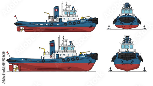 Multiple views of a tugboat vehicle autocad blueprint illustration showcasing various angles and technical drawings