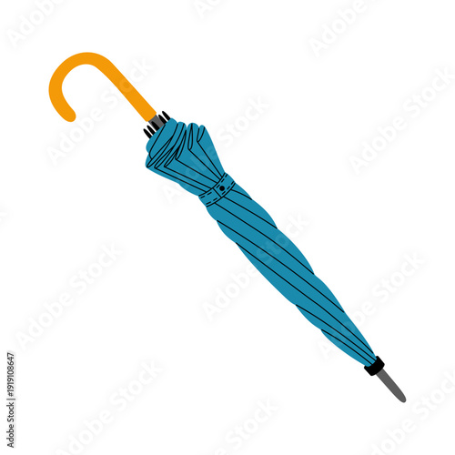 Blue folded umbrella cane. Accessory for rainy weather. Hand drawn vector illustration isolated on white background. Modern flat cartoon style.
