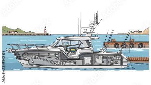 Detailed vehicle autocad blueprint of a modern ship in a harbor with cranes and lighthouse in the background