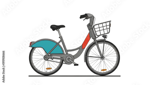 A vehicle autocad blueprint illustration of a bicycle with a basket on a plain surface from a side view