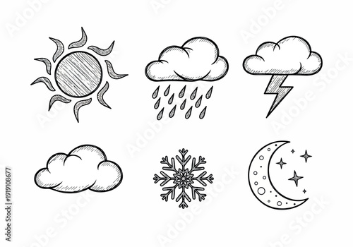 Collection of Hand-Drawn Weather Icons Sun, Rain, Snow, Clouds, Lightning, and Night Sky