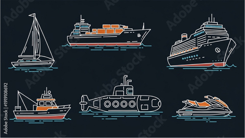 Detailed vehicle autocad blueprint of various maritime vessels and watercraft on a dark background from a top-down viewpoint