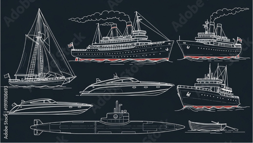 Detailed vehicle autocad blueprint of various ships and boats on dark water, showcasing different vessel designs and technical drawings from a top-down viewpoint