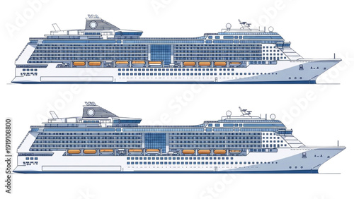 Detailed vehicle autocad blueprint of a large cruise ship illustrated in a technical drawing style