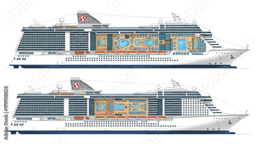 Detailed vehicle autocad blueprint of a cruise ship's deck layout and interior design