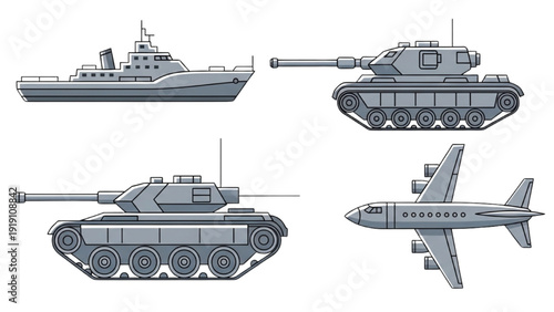 Detailed vehicle autocad blueprint of various military vehicles and aircraft on a white background from a direct viewpoint