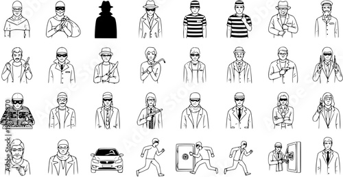 Diverse Collection of Criminal and Security Themed Icons: Robbers, Detectives, and a Getaway Car