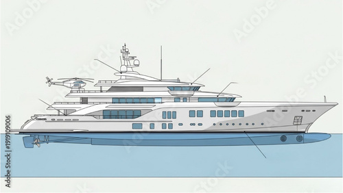 Detailed vehicle autocad blueprint of a luxury yacht with multiple decks and helicopter pad illustrated in a technical drawing style