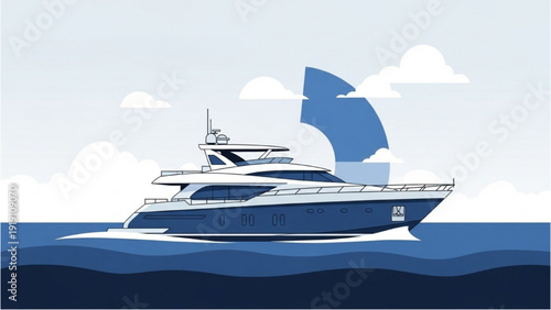 Luxury yacht sailing on calm ocean waves, a precise vehicle autocad blueprint illustration