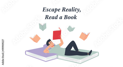 Vector illustration of a man reading a book on top of another book with floating pages