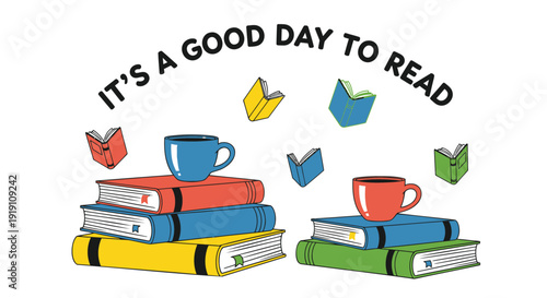 Colorful book and coffee icon set with motivational quote