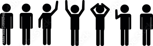 Stick figure man vector icon set showing various arm gestures including waving greeting signaling for attention and raising hands for celebration poses