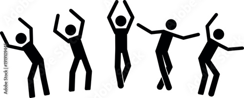 Stick figure man vector icon set showing various dancing movements including celebratory poses expressive body language rhythmic gestures and energetic dance performance