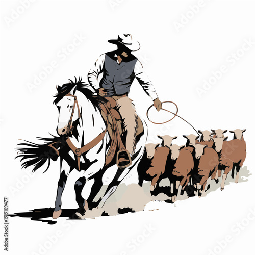 Rugged Cowboy Riding Traditional Horse While Herding Cattle Across Open Western Prairie Vector