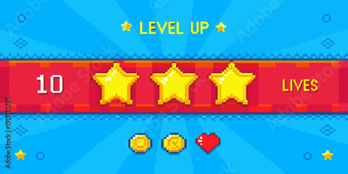 Pixel art game interface displaying level up score and lives