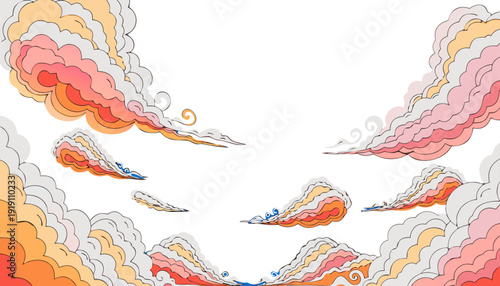 Beautiful fluffy clouds crafted in paper cut style float across a clear blue sky, offering a clean vector illustration background with spacious copy area for advertising, posters, and inspirational me