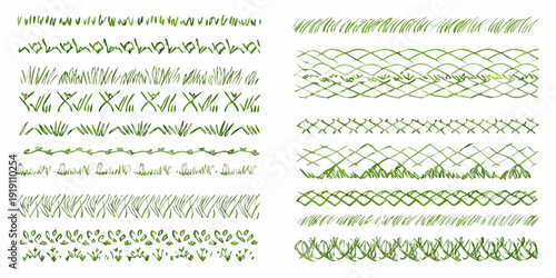 Collection of various green embroidery stitch patterns and designs