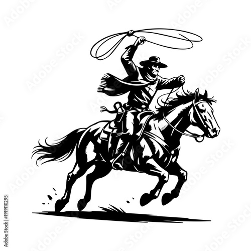 Rugged Cowboy Riding Traditional Horse While Herding Cattle Across Open Western Prairie Vector